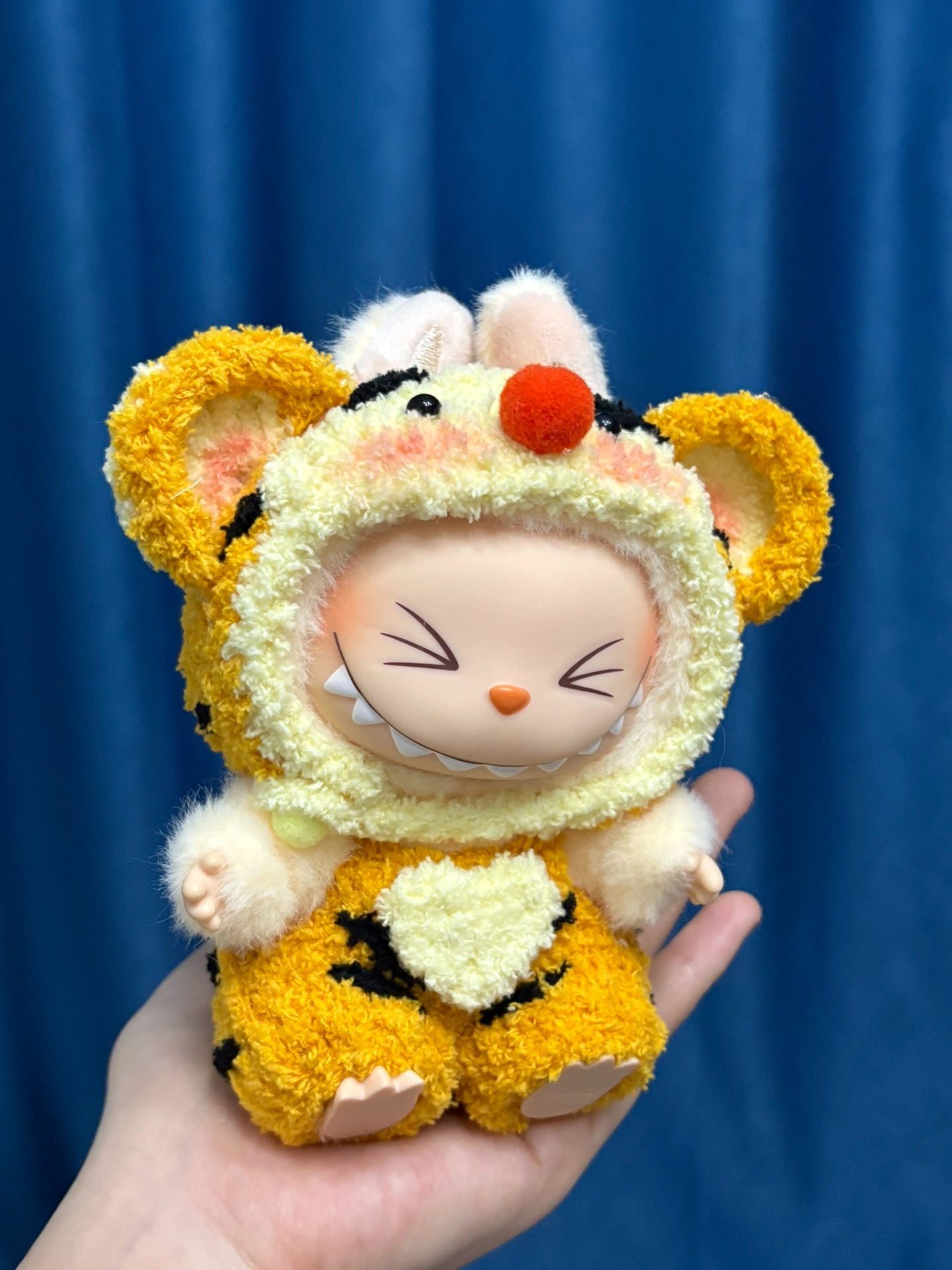Adorable Labubu Tiger Outfit: Plush Striped Doll Clothes with Pom-Pom Accent - Image 1