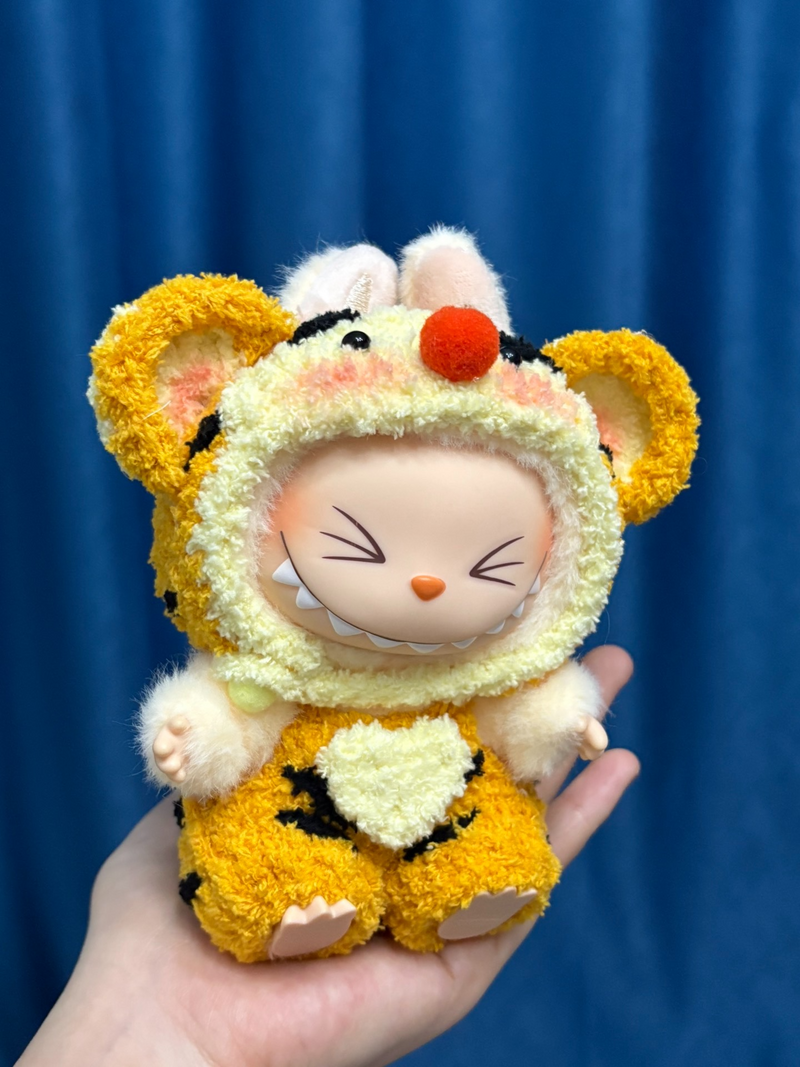 Adorable Labubu Tiger Outfit: Plush Striped Doll Clothes with Pom-Pom Accent - Image 1