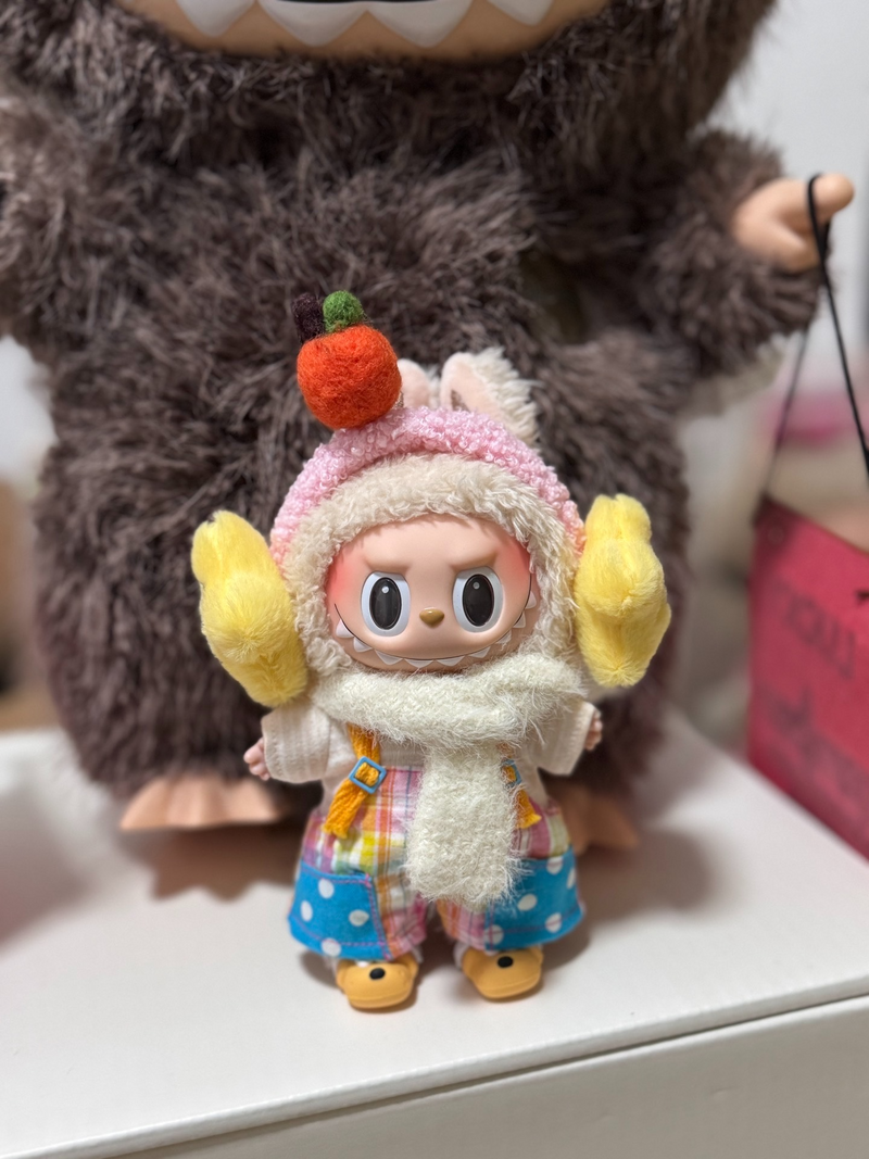 Whimsical LABUBU Outfit: Plush Hat, Striped Overalls & Cozy Scarf for Collectible Figures - Image 1