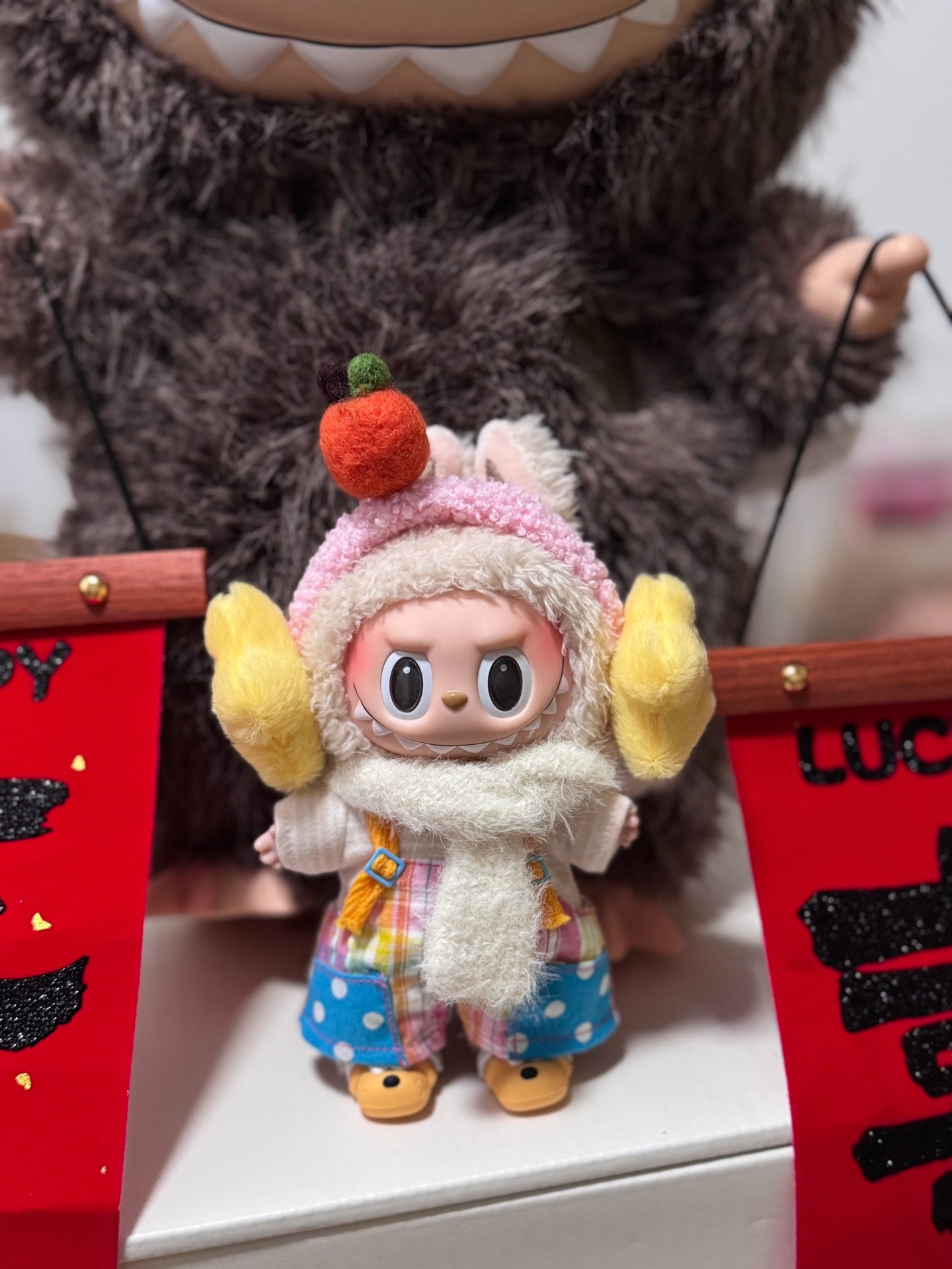 Whimsical LABUBU Outfit: Plush Hat, Striped Overalls & Cozy Scarf for Collectible Figures - Image 2