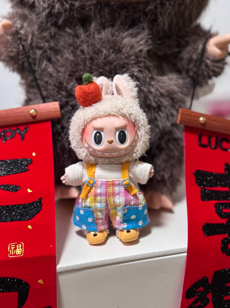 Whimsical LABUBU Outfit: Plush Hat, Striped Overalls & Cozy Scarf for Collectible Figures - Image 3