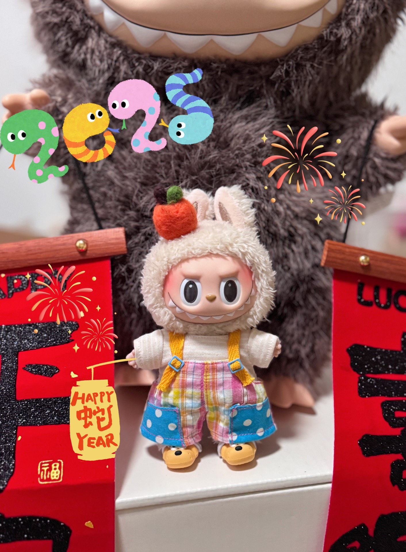 Whimsical LABUBU Outfit: Plush Hat, Striped Overalls & Cozy Scarf for Collectible Figures - Image 6