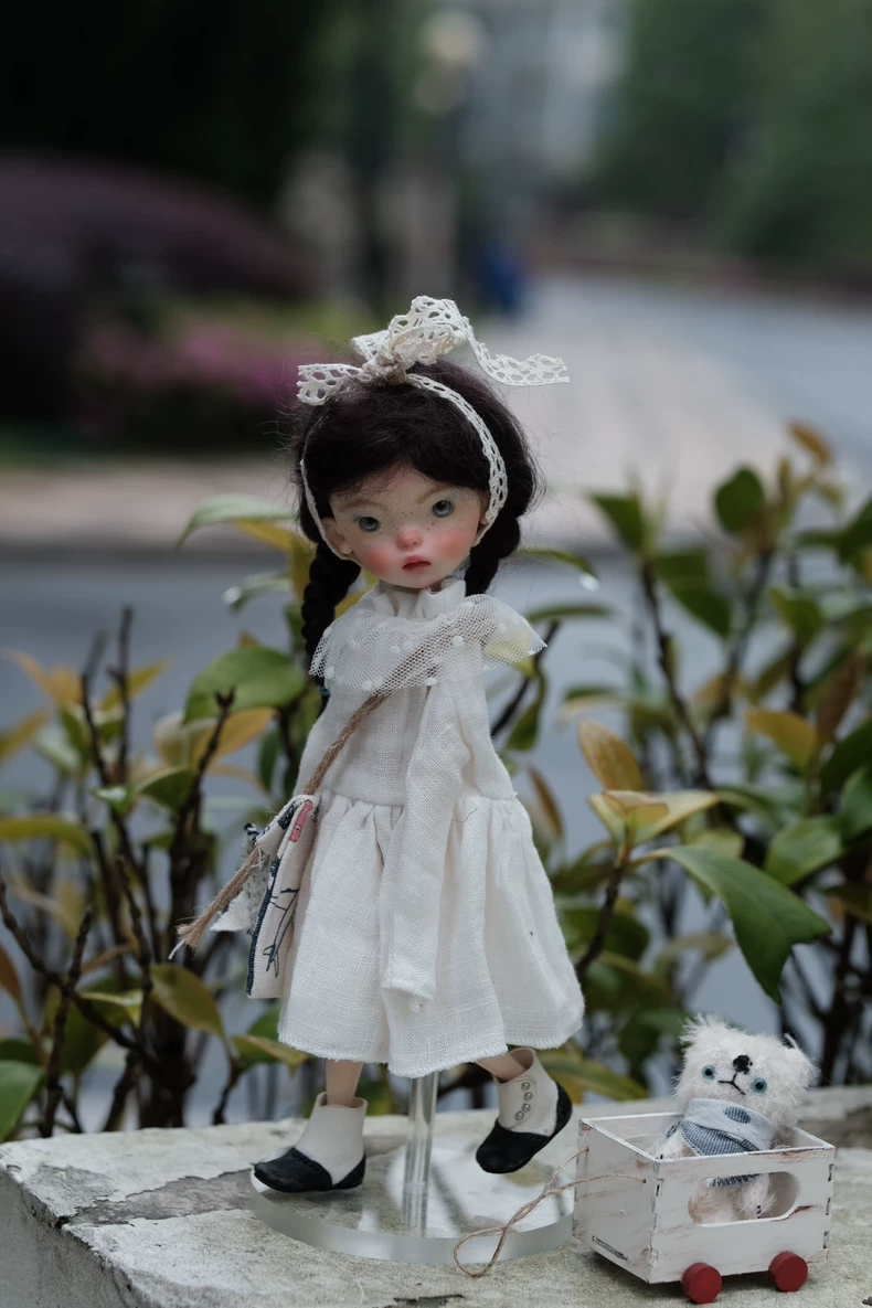 BLYTHE Doll White Linen Dress Outfit Set with Lace Headband & Bag for OB22 OB24 - Image 7