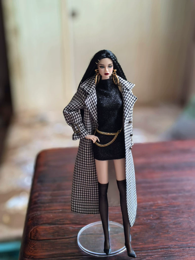 Elegant Houndstooth Coat & Glitter Dress Outfit for Barbie & 1/6 Dolls | Collector’s Must-Have - Image 1