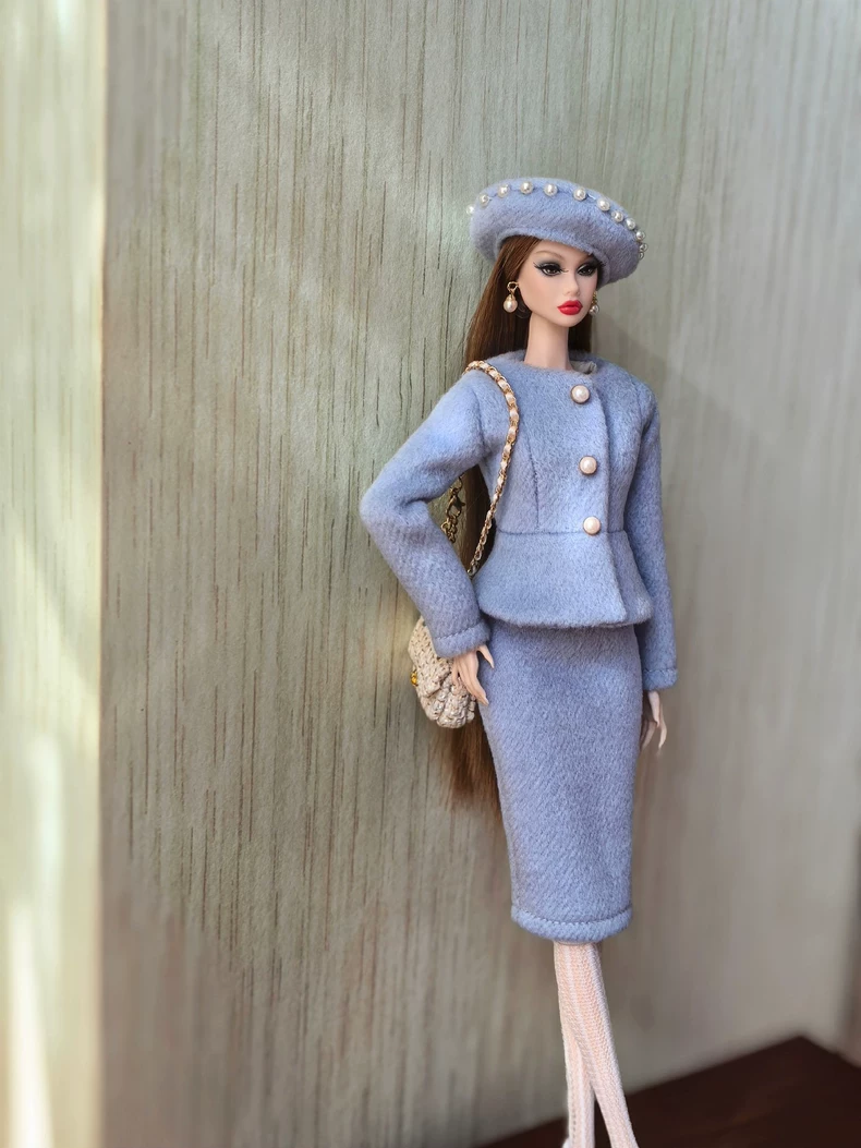Luxury Baby Blue BJD 1/6 Outfit – Pearl-Adorned Wool Blend Set for Elegant Dolls - Image 1