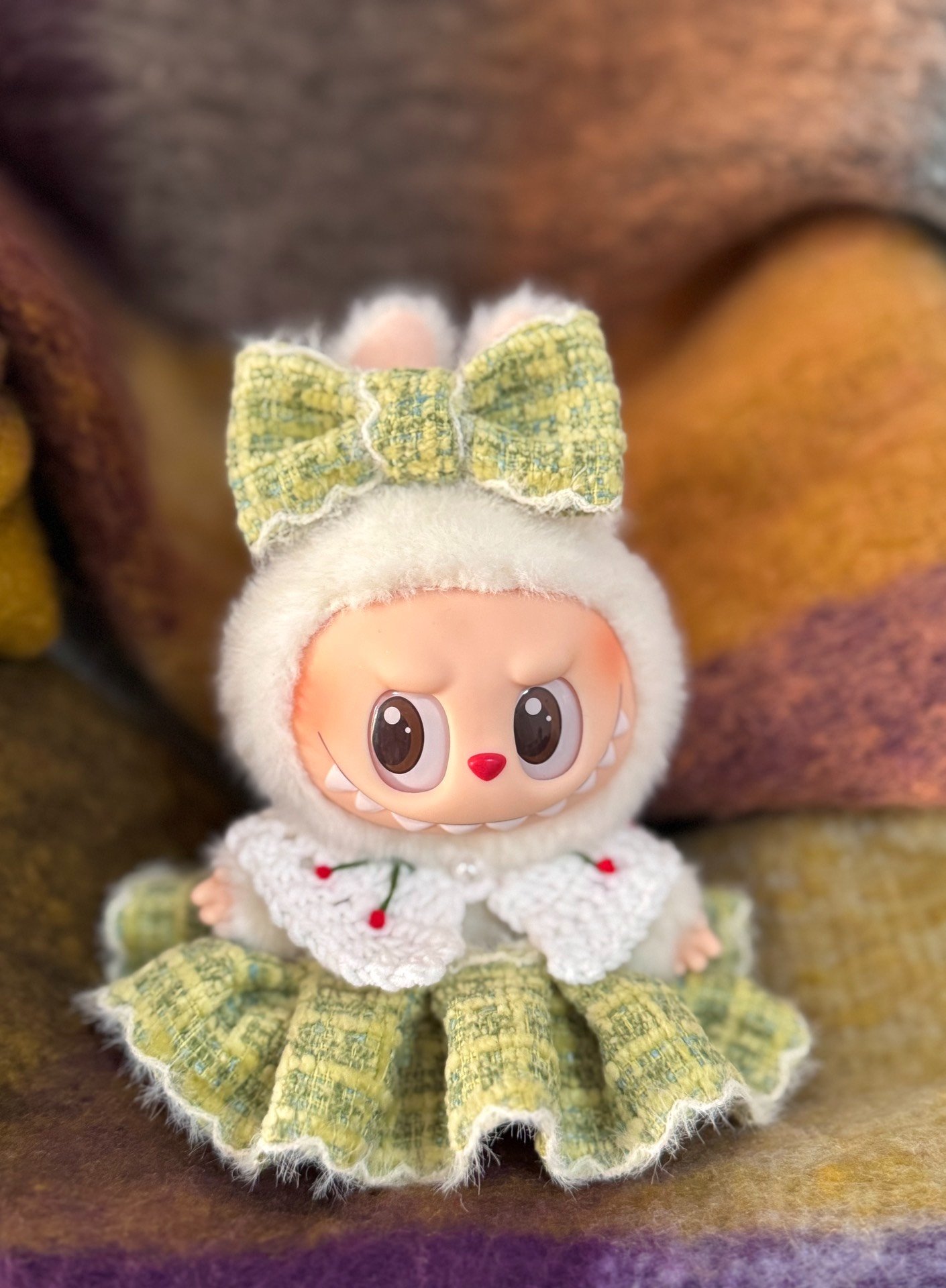 Chic Labubu Doll Dress: Green Shawl Collar with Cherry Bow for Play & Style - Image 1