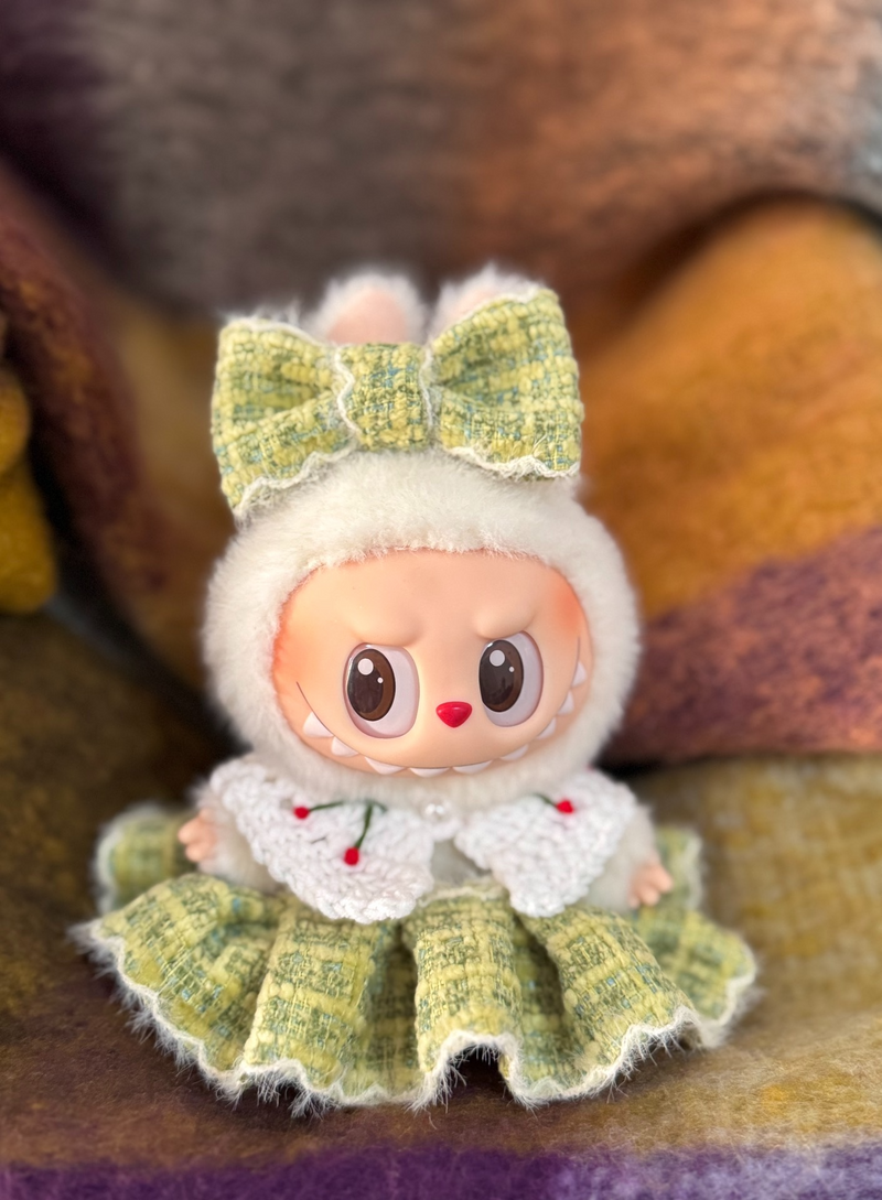 Chic Labubu Doll Dress: Green Shawl Collar with Cherry Bow for Play & Style - Image 1