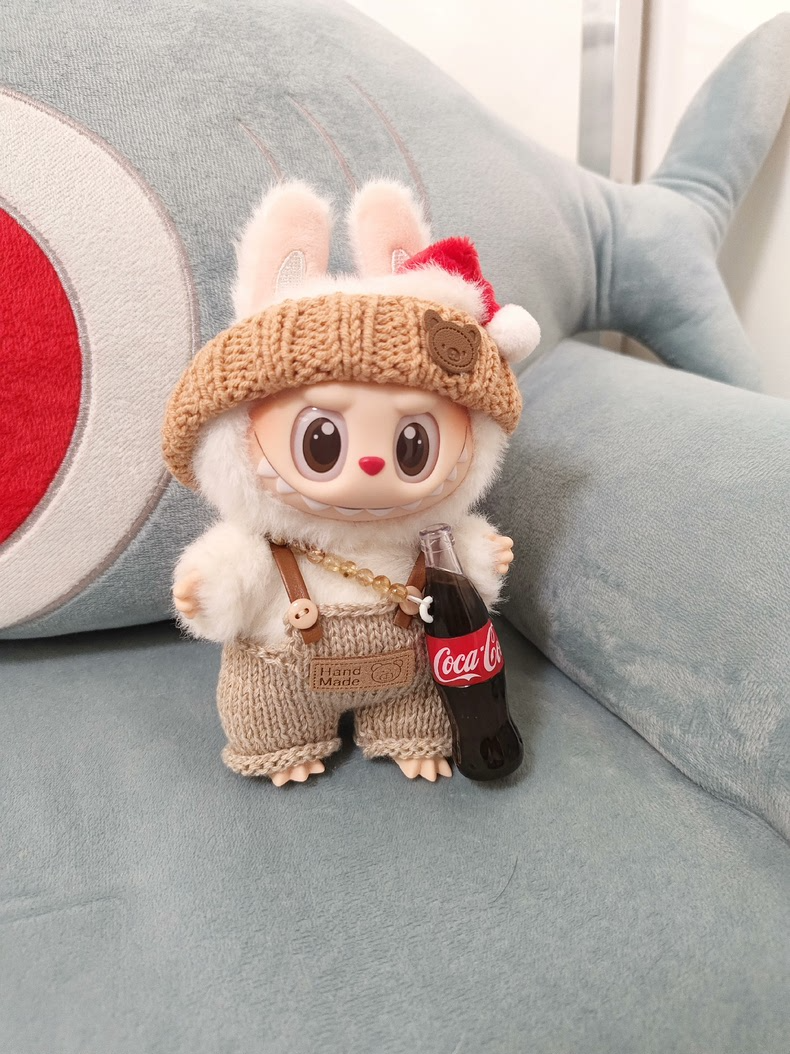 Handmade LABUBU Outfit: Cozy Beige & Brown Overalls with Santa Hat – Perfect for Playtime & Collectors - Image 1