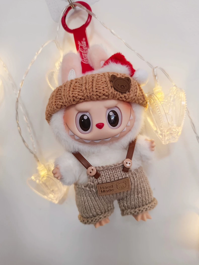 Handmade LABUBU Outfit: Cozy Beige & Brown Overalls with Santa Hat – Perfect for Playtime & Collectors - Image 2