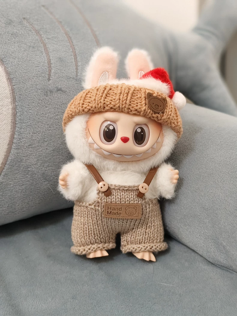 Handmade LABUBU Outfit: Cozy Beige & Brown Overalls with Santa Hat – Perfect for Playtime & Collectors - Image 3