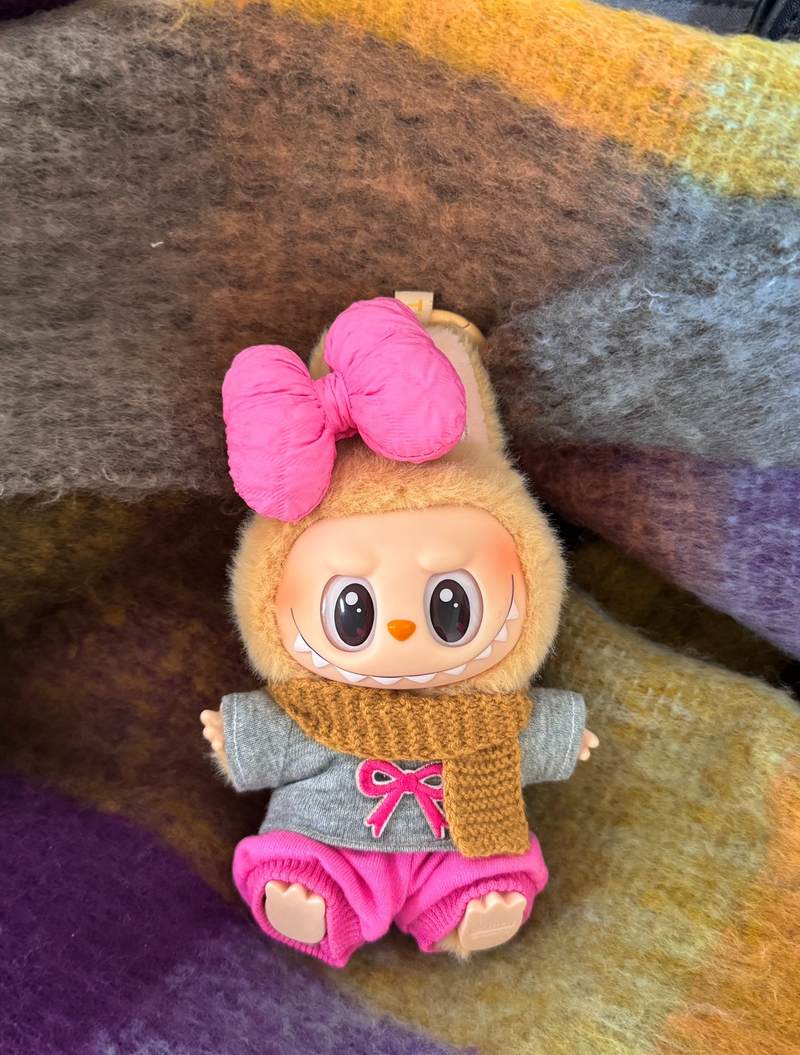 Charming Labubu Doll Outfit: Gray T-Shirt, Pink Shorts & Brown Scarf – Stylish & Durable Collectible Accessory - Image 2