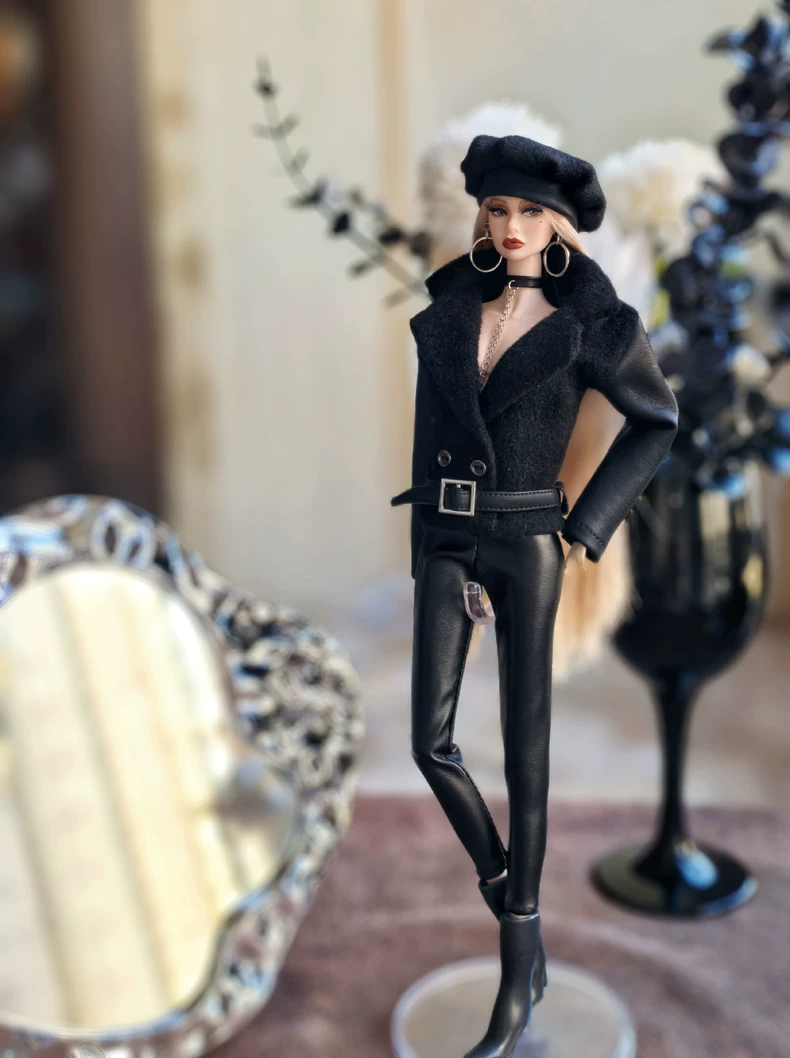 Luxury 1/6 BJD Outfit: Premium Black Wool & PU Leather Ensemble w/ Hat & Accessories - Image 1