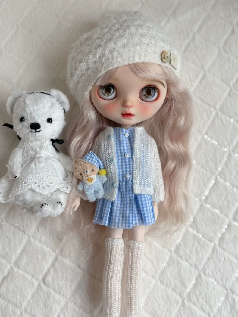 Charming Blythe Doll Outfit: Cozy Knit Hat & Scarf with Blue Checkered Dress – Custom Fit for OB22 & OB24 - Image 1
