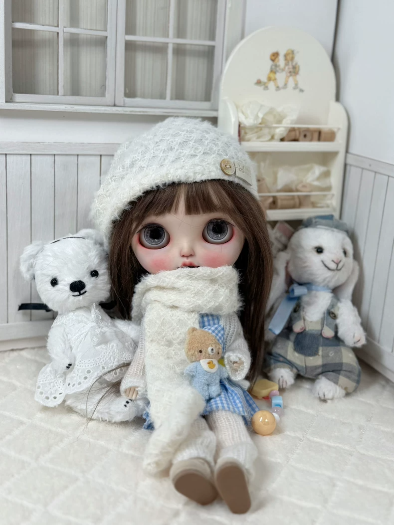 Charming Blythe Doll Outfit: Cozy Knit Hat & Scarf with Blue Checkered Dress – Custom Fit for OB22 & OB24 - Image 5