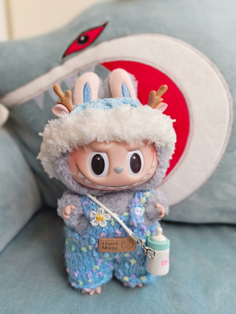 Custom LABUBU Outfit: Plush Hat & Overalls with Polka Dots – Durable, Adjustable & Handmade for Fans - Image 1