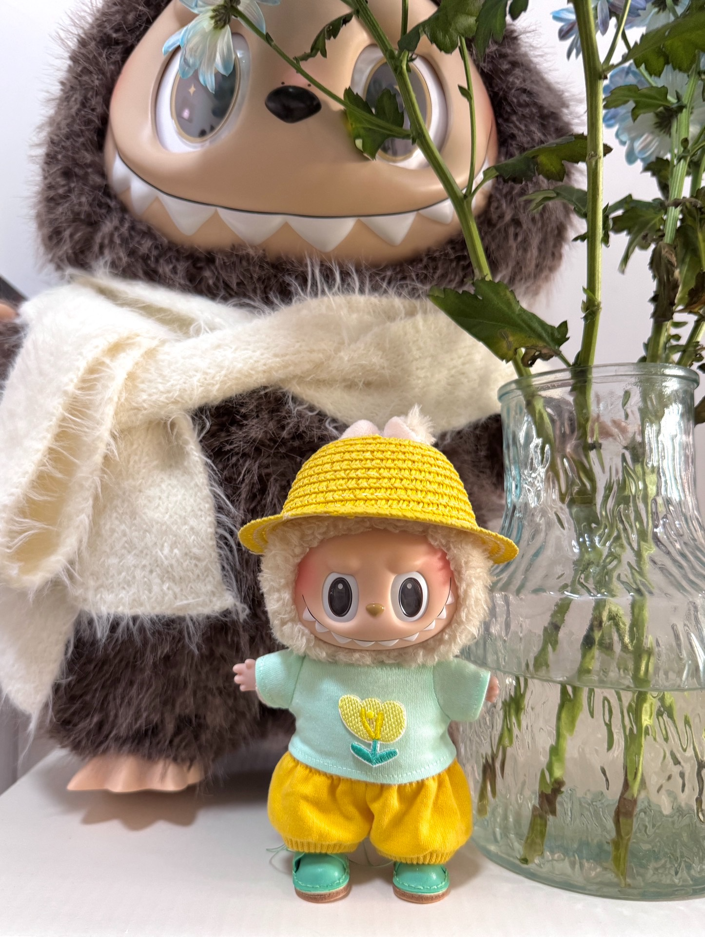 Vibrant Labubu Doll Outfit: Yellow & Blue Ensemble with Cozy Hat & Flower Emblem - Image 2