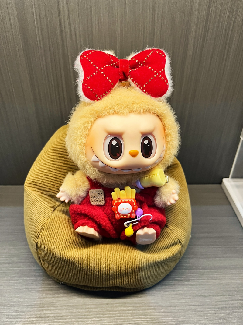 Labubu Festive Red Outfit – Plush Gold-Studded Bow & Hat Ensemble - Image 1