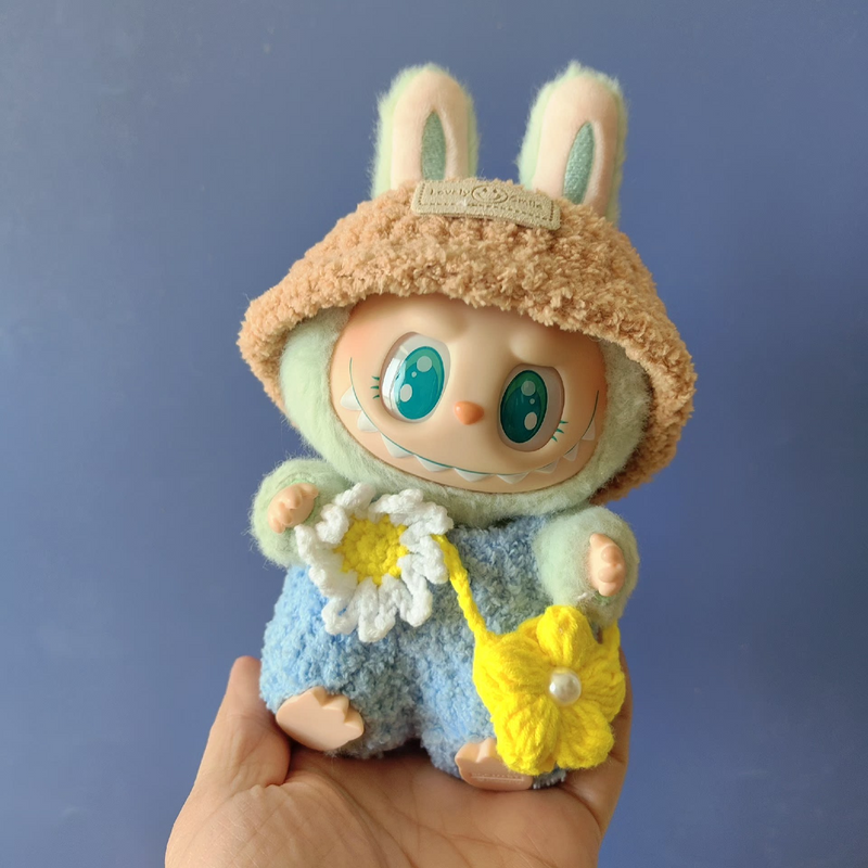Charming Labubu Spring Outfit: Bunny Hat, Floral Blue Ensemble & Yellow Handbag for Playful Style - Image 8