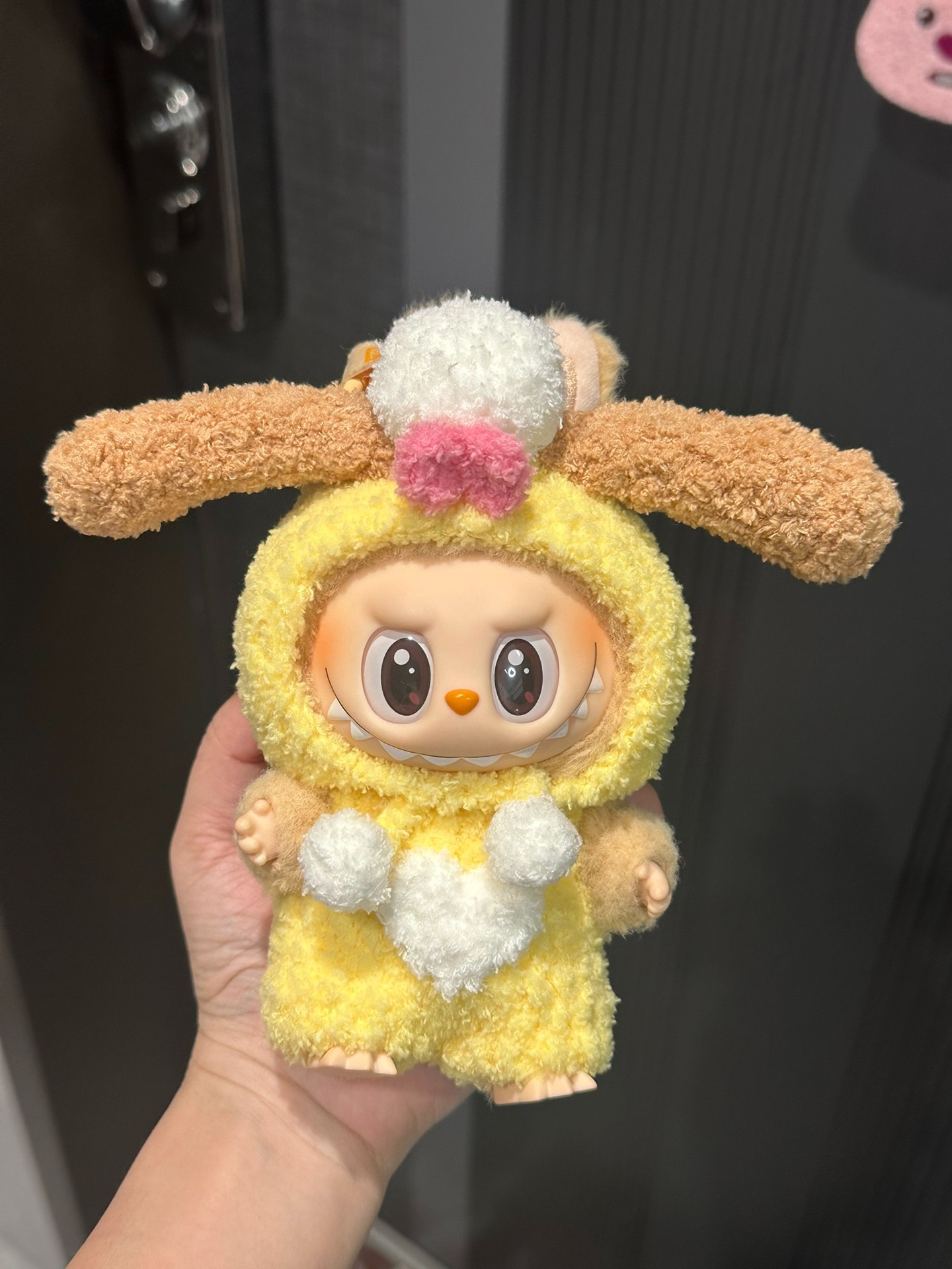 Cozy Bunny Labubu Outfit – Plush Yellow Bodysuit with Fluffy Pom-Poms & Adorable Ears - Image 1