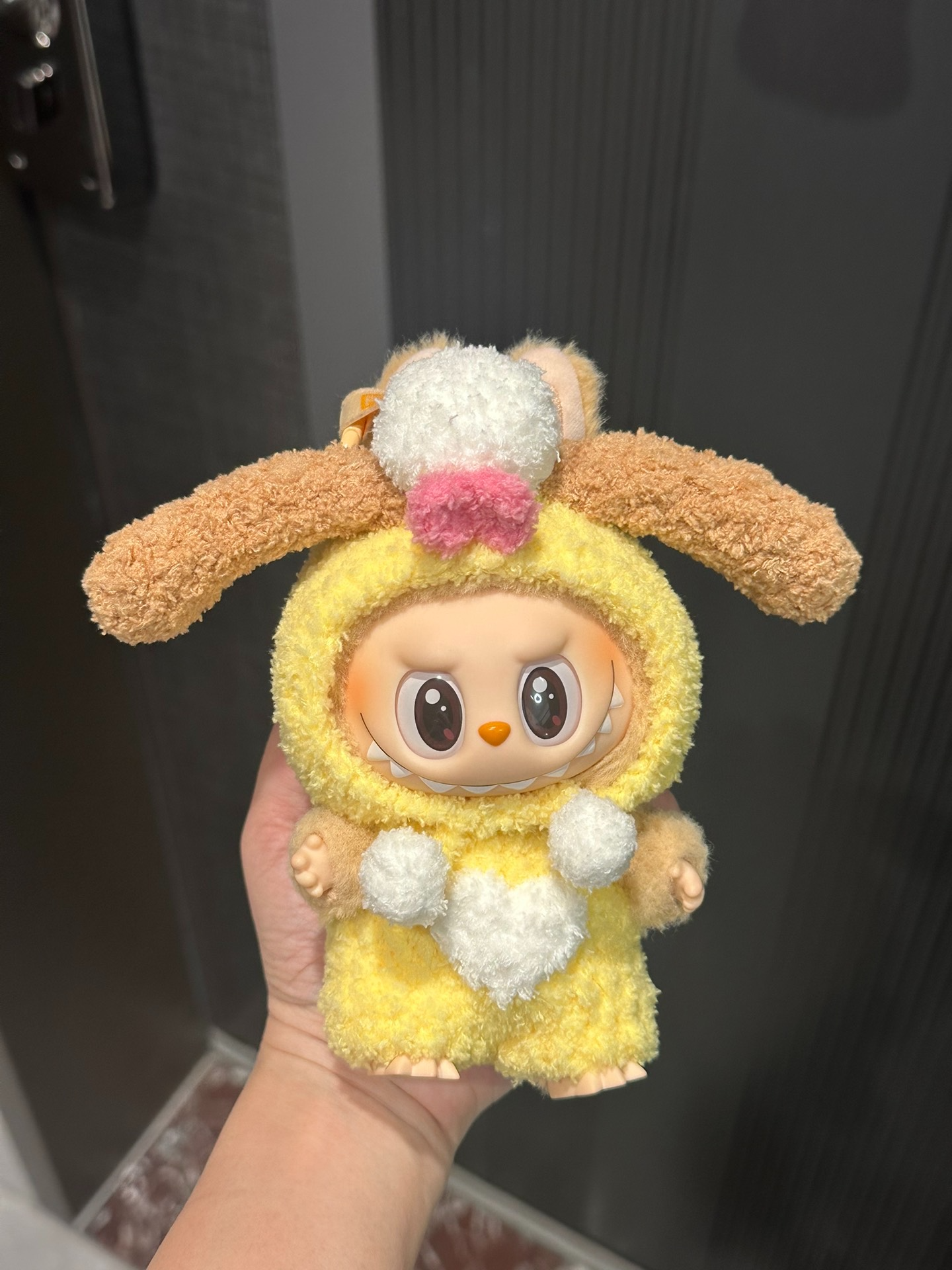 Cozy Bunny Labubu Outfit – Plush Yellow Bodysuit with Fluffy Pom-Poms & Adorable Ears - Image 2