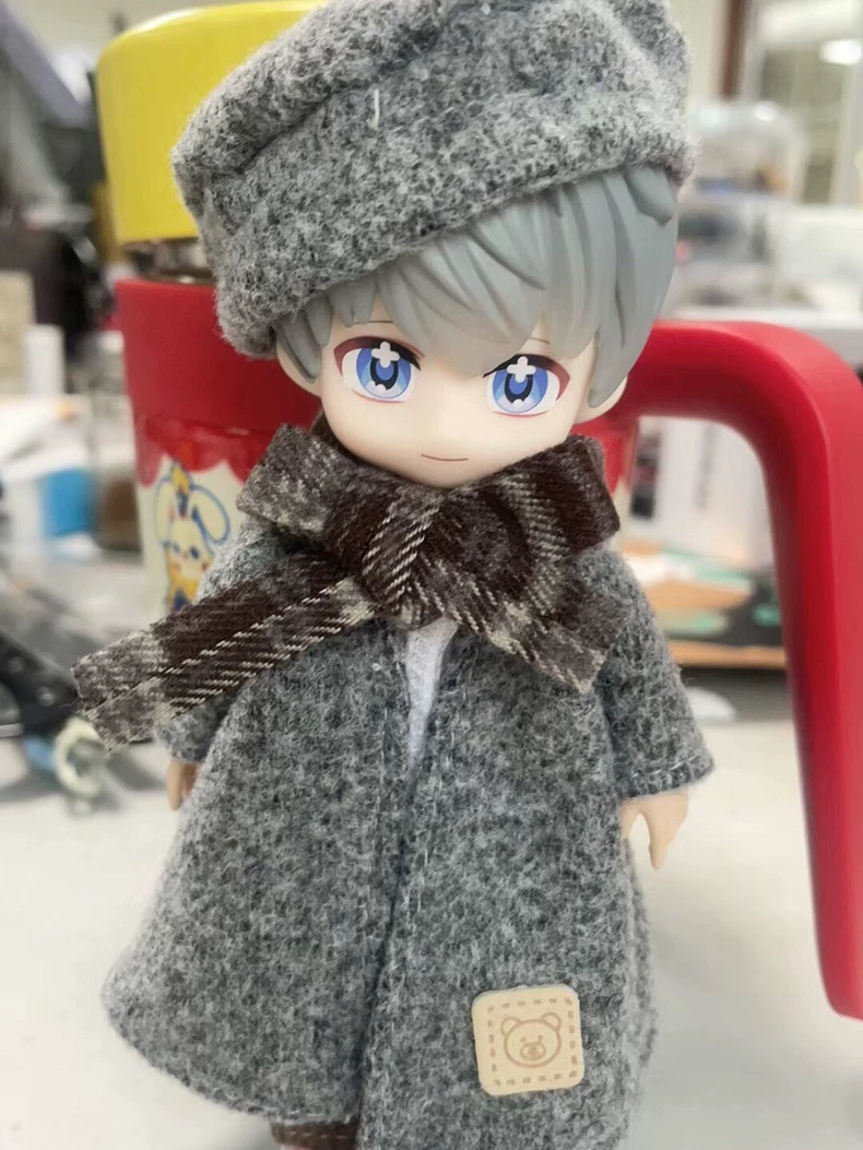 Elegant Deep & Light Gray OB11 Doll Outfit Set – Stylish Hat, Scarf, Coat & More | Fast Shipping - Image 2