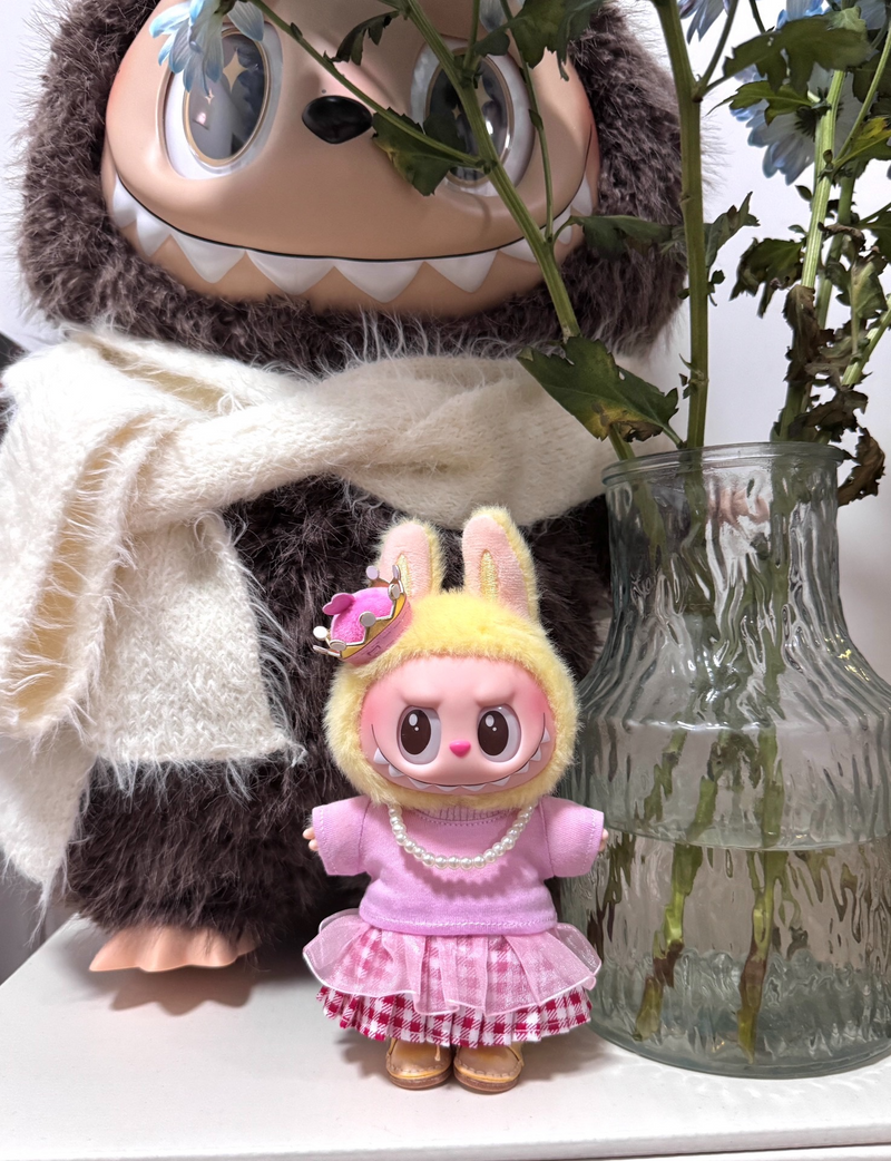 Adorable Labubu Doll Outfit: Pink T-Shirt & Red Gingham Skirt – Premium Quality - Image 1