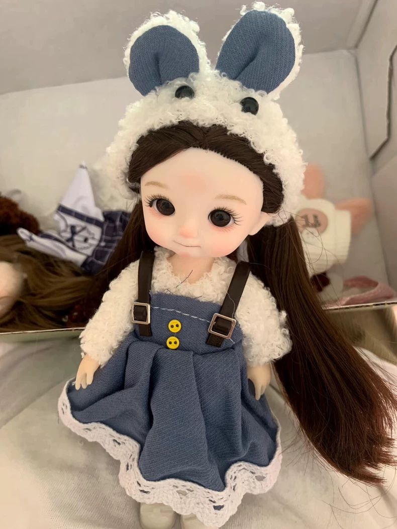 Whimsical Alice OB11 Doll Outfit – Plush Headpiece & Denim Dress with Lace Details - Image 2