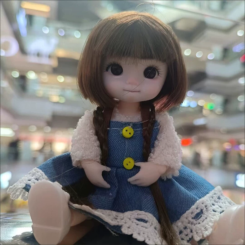 Whimsical Alice OB11 Doll Outfit – Plush Headpiece & Denim Dress with Lace Details - Image 3