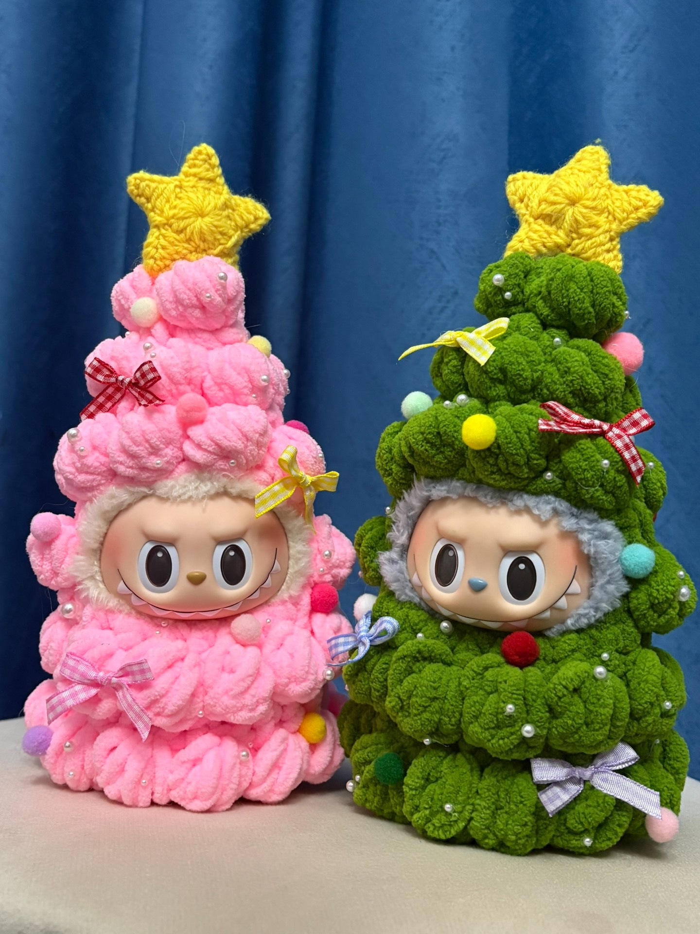 Festive Plush Christmas Tree Doll Outfits - Pink & Green with Yellow Star - Image 1