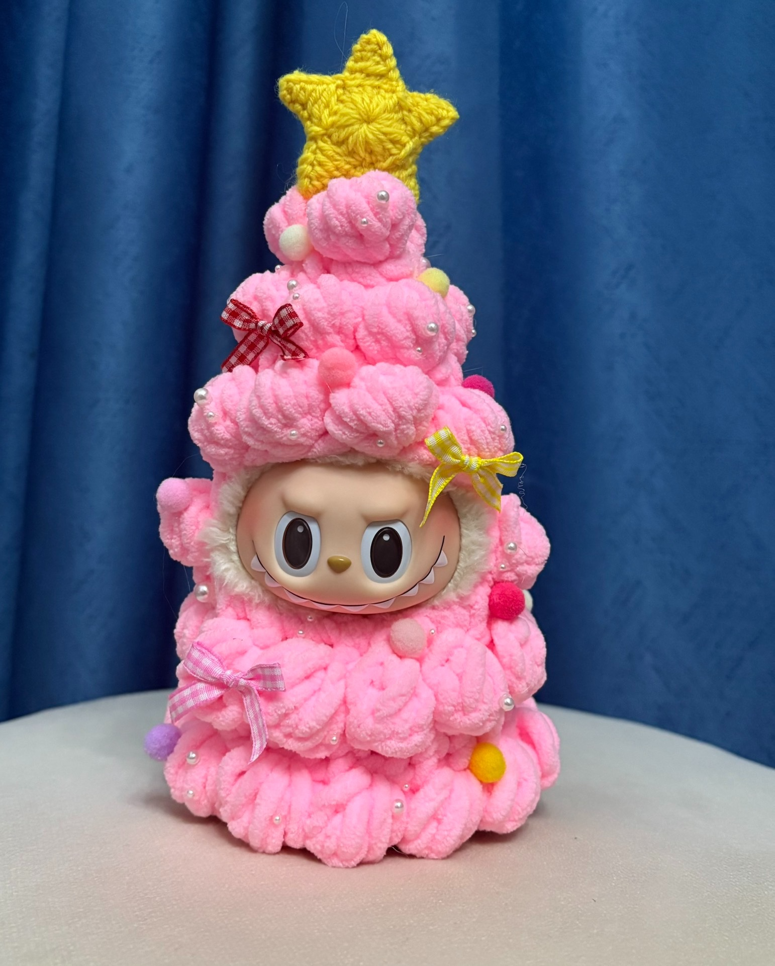 Festive Plush Christmas Tree Doll Outfits - Pink & Green with Yellow Star - Image 2