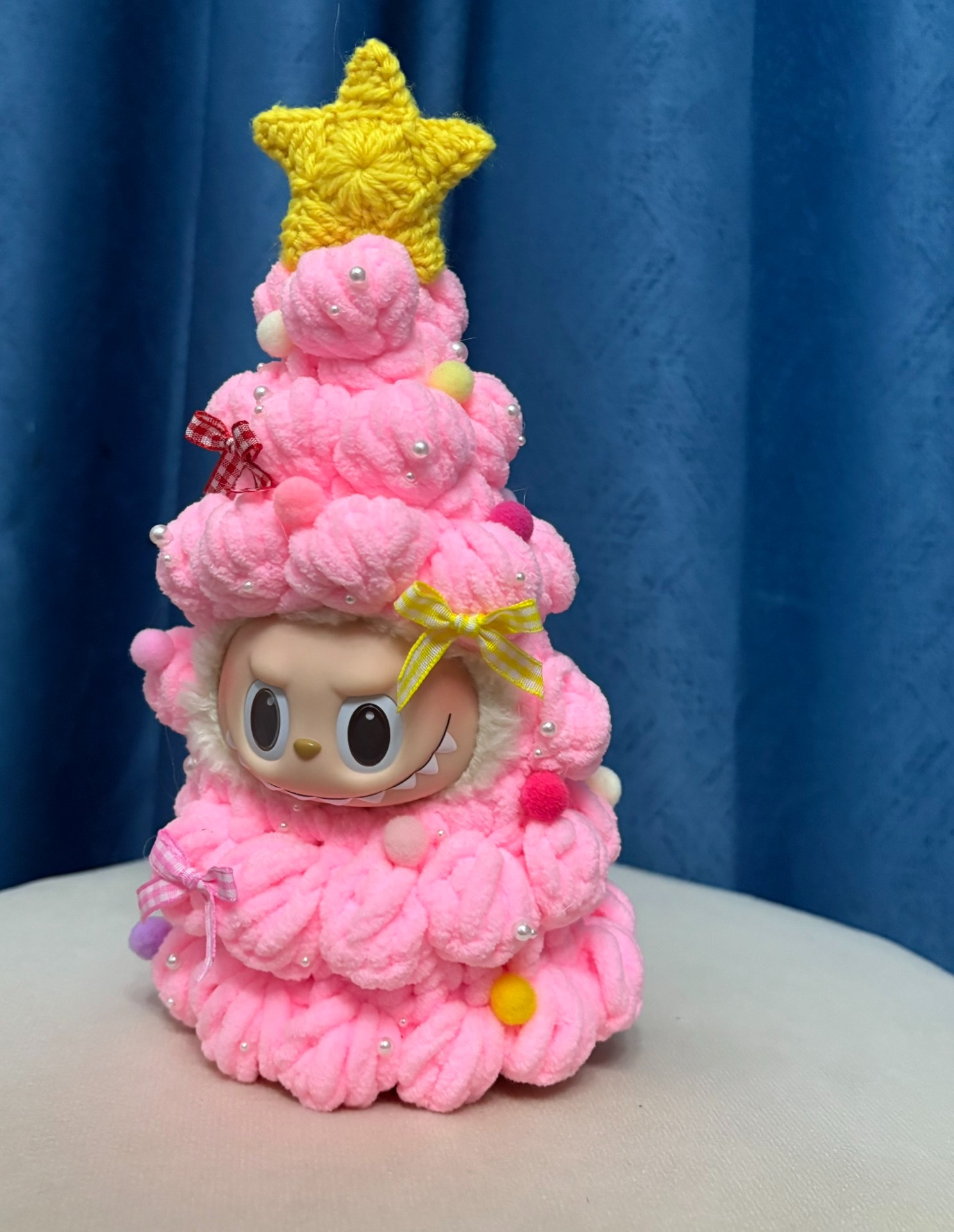 Festive Plush Christmas Tree Doll Outfits - Pink & Green with Yellow Star - Image 3
