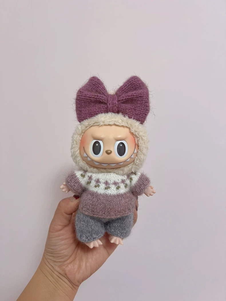 Hand-Knit LABUBU Doll Outfit – Cozy Lavender & Gray Set with Floral Details - Image 1
