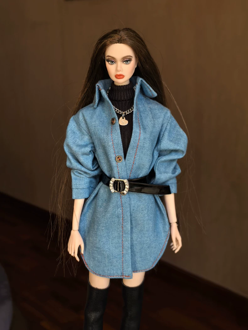 Stylish Denim & Leather BJD 1/6 Doll Outfit Set for Barbie/Mezco - Fashionable Layered Look - Image 1