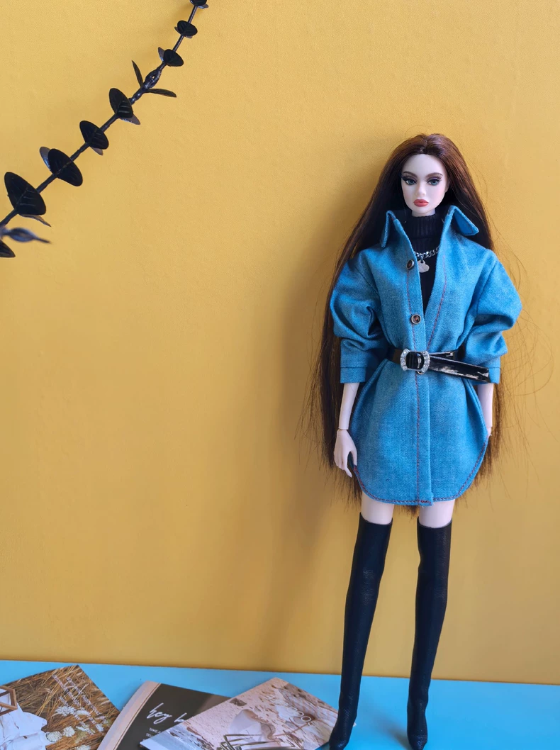 Stylish Denim & Leather BJD 1/6 Doll Outfit Set for Barbie/Mezco - Fashionable Layered Look - Image 3