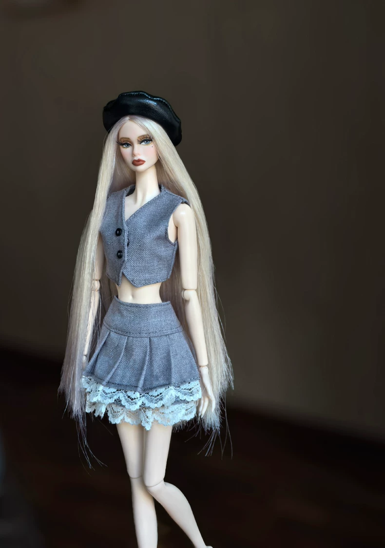 Elegant Gray & White BJD 1/6 Doll Outfit – Vest, Skirt, Hat Set for Barbie & More | High-Quality Fashion - Image 1