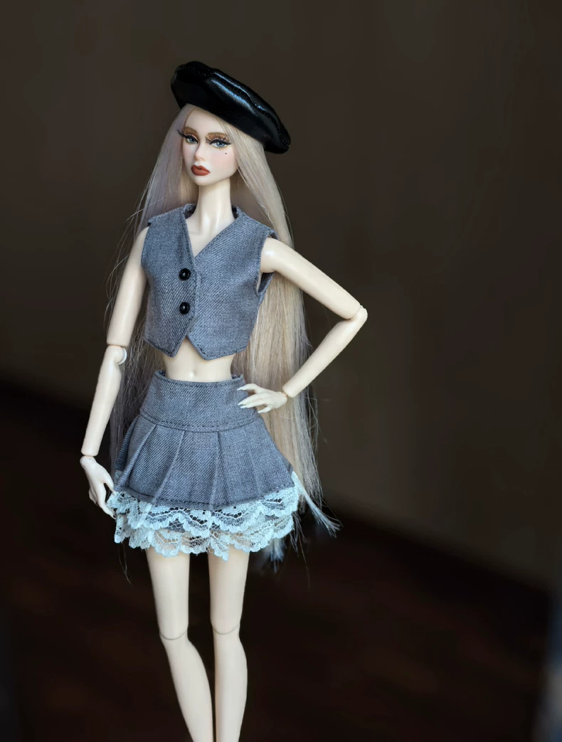 Elegant Gray & White BJD 1/6 Doll Outfit – Vest, Skirt, Hat Set for Barbie & More | High-Quality Fashion - Image 2