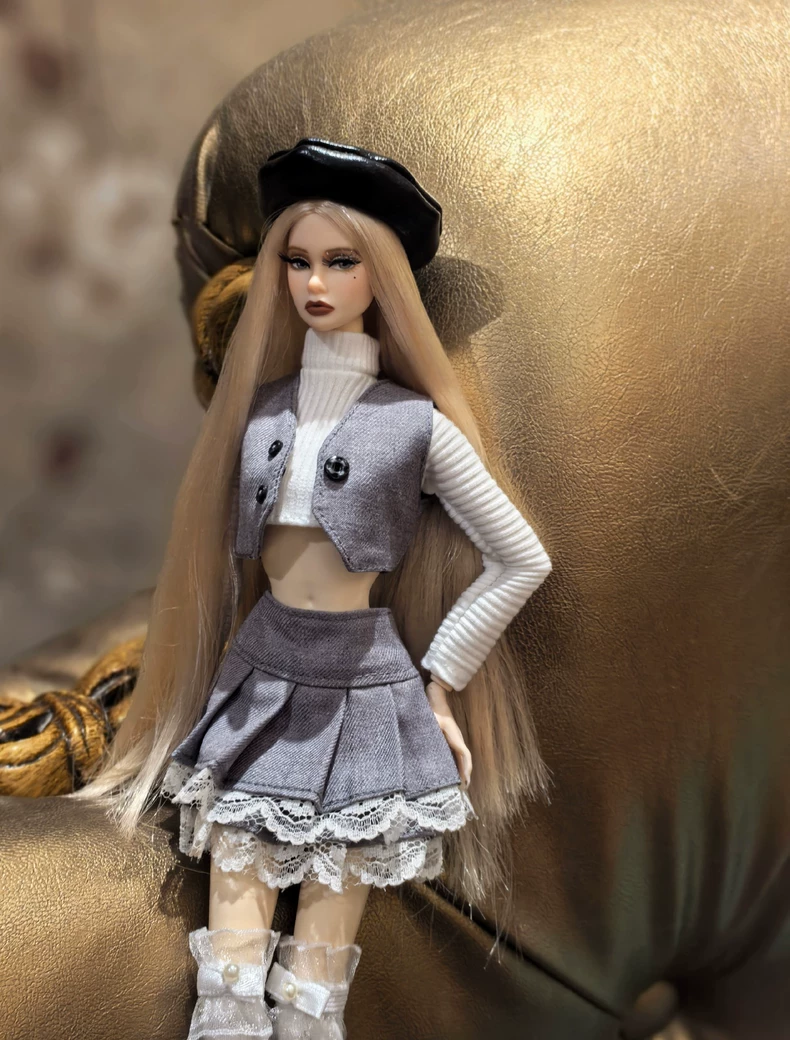 Elegant Gray & White BJD 1/6 Doll Outfit – Vest, Skirt, Hat Set for Barbie & More | High-Quality Fashion - Image 3
