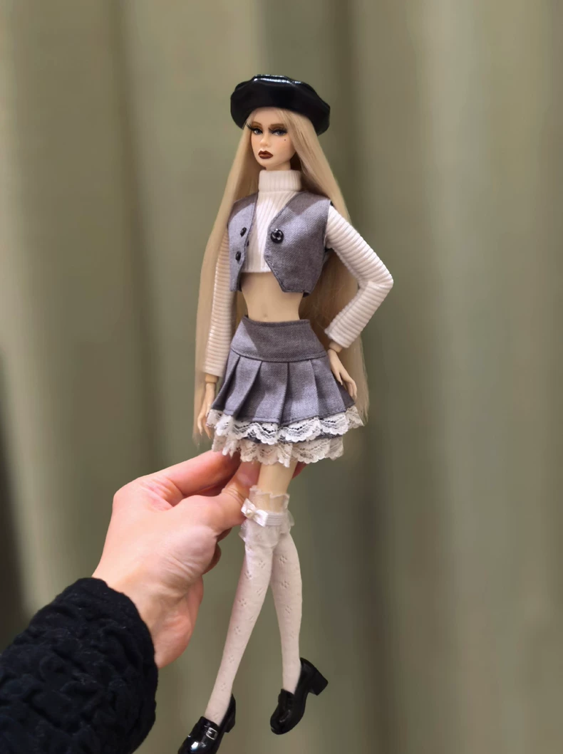 Elegant Gray & White BJD 1/6 Doll Outfit – Vest, Skirt, Hat Set for Barbie & More | High-Quality Fashion - Image 4