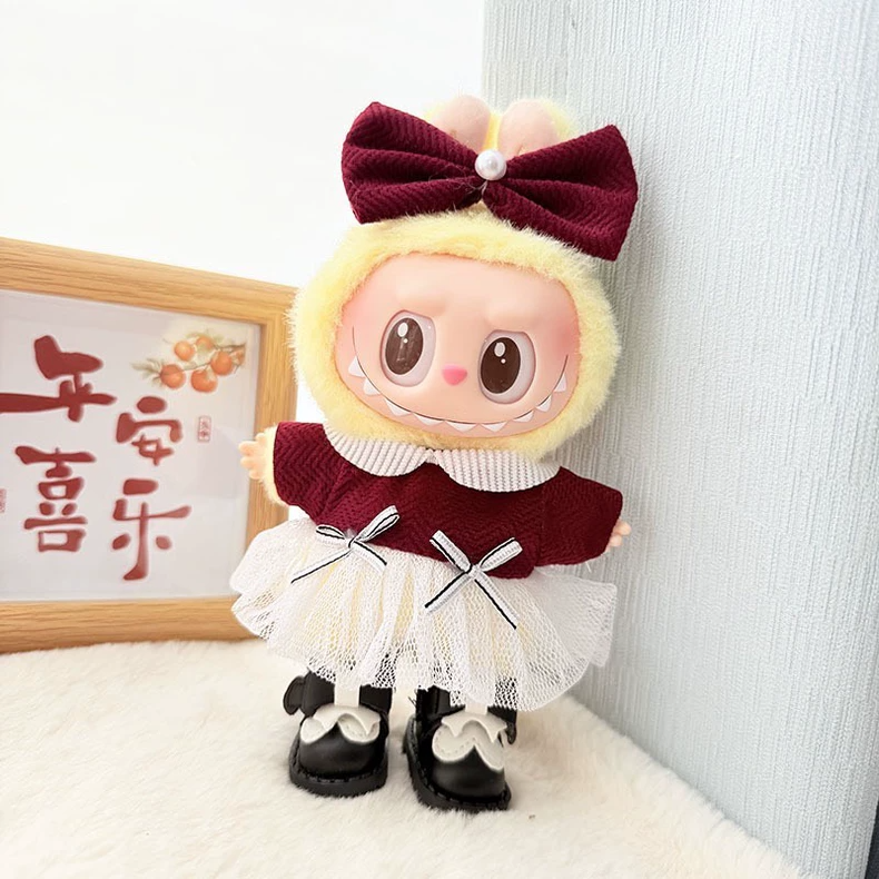 Charming Labubu Doll Outfit - Wine Red & White Dress with Bows & Matching Shoes for Collectors - Image 1