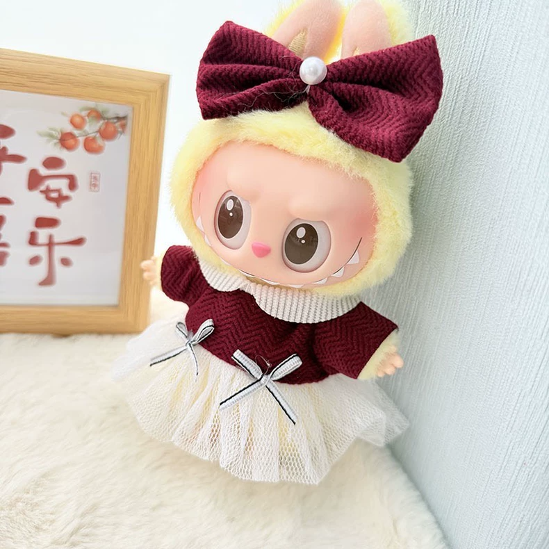 Charming Labubu Doll Outfit - Wine Red & White Dress with Bows & Matching Shoes for Collectors - Image 2