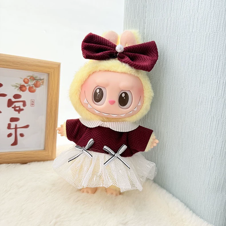 Charming Labubu Doll Outfit - Wine Red & White Dress with Bows & Matching Shoes for Collectors - Image 4