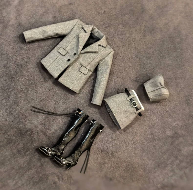 Luxury Gray Doll Outfit Set: Tailored Blazer, Skirt & Accessories for Blythe, Barbie, Mezco, Dream - Image 3