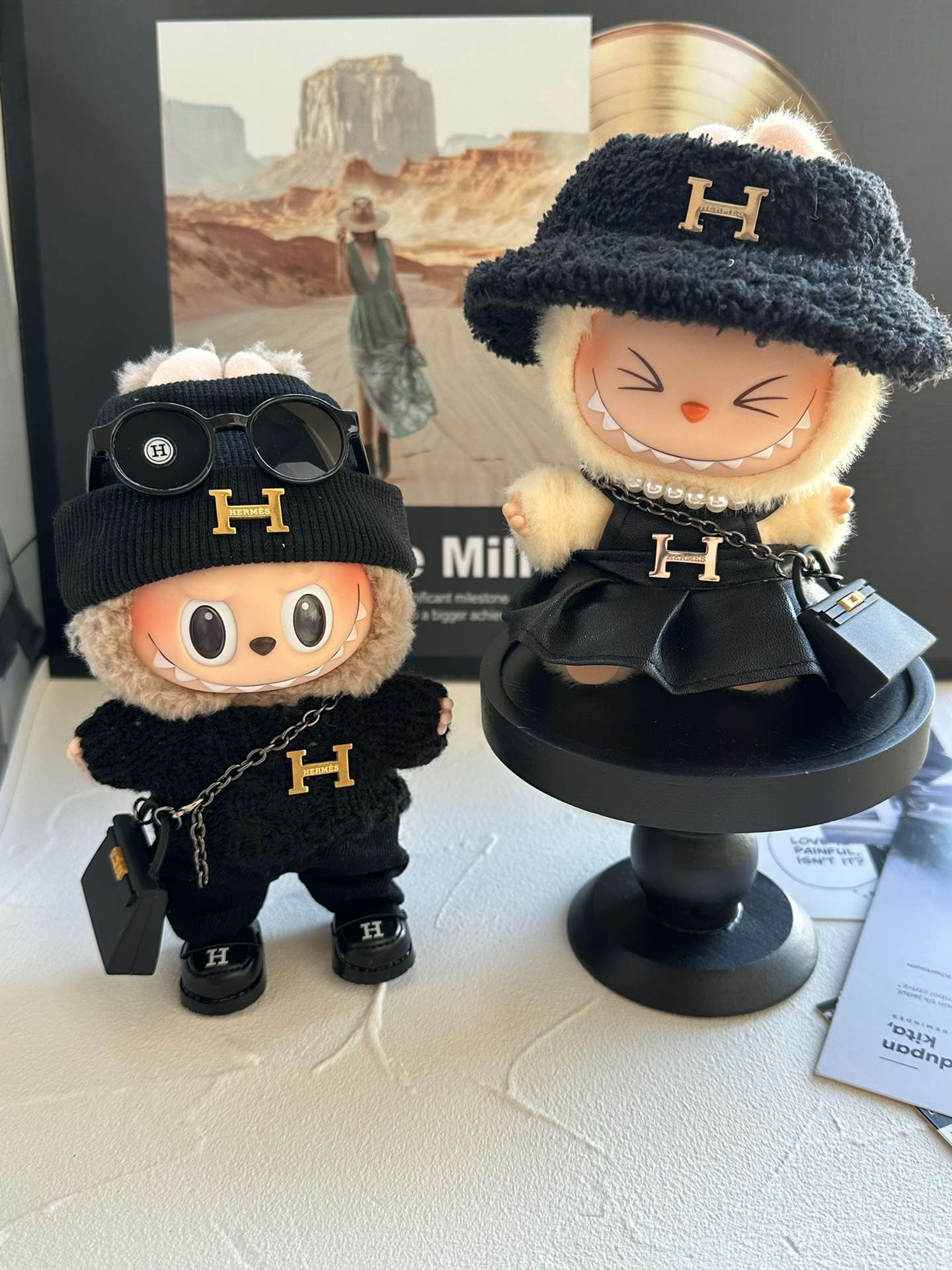 Chic LABUBU Doll Outfit: Stylish Beanie, Sweater, Shorts & Leather Accessories – Premium Black & Gold Design - Image 1
