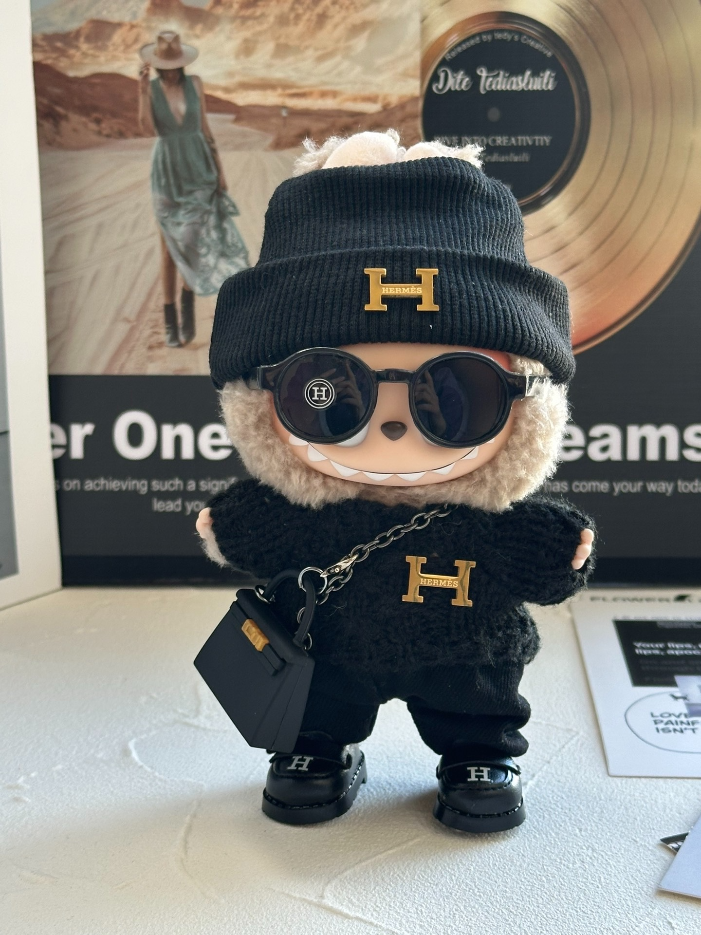 Chic LABUBU Doll Outfit: Stylish Beanie, Sweater, Shorts & Leather Accessories – Premium Black & Gold Design - Image 2