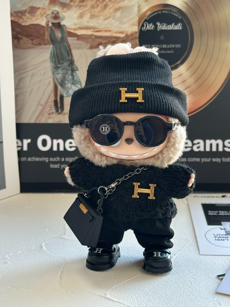 Chic LABUBU Doll Outfit: Stylish Beanie, Sweater, Shorts & Leather Accessories – Premium Black & Gold Design - Image 2