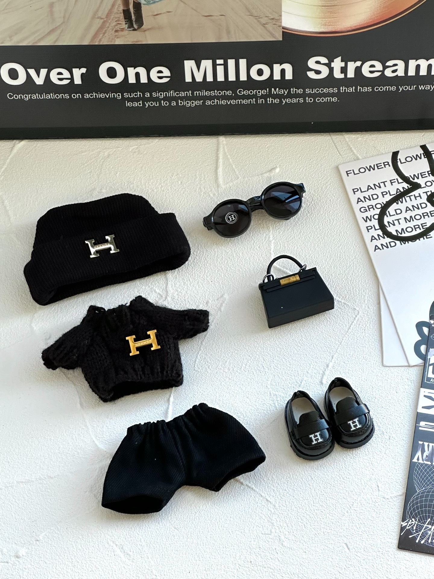 Chic LABUBU Doll Outfit: Stylish Beanie, Sweater, Shorts & Leather Accessories – Premium Black & Gold Design - Image 3