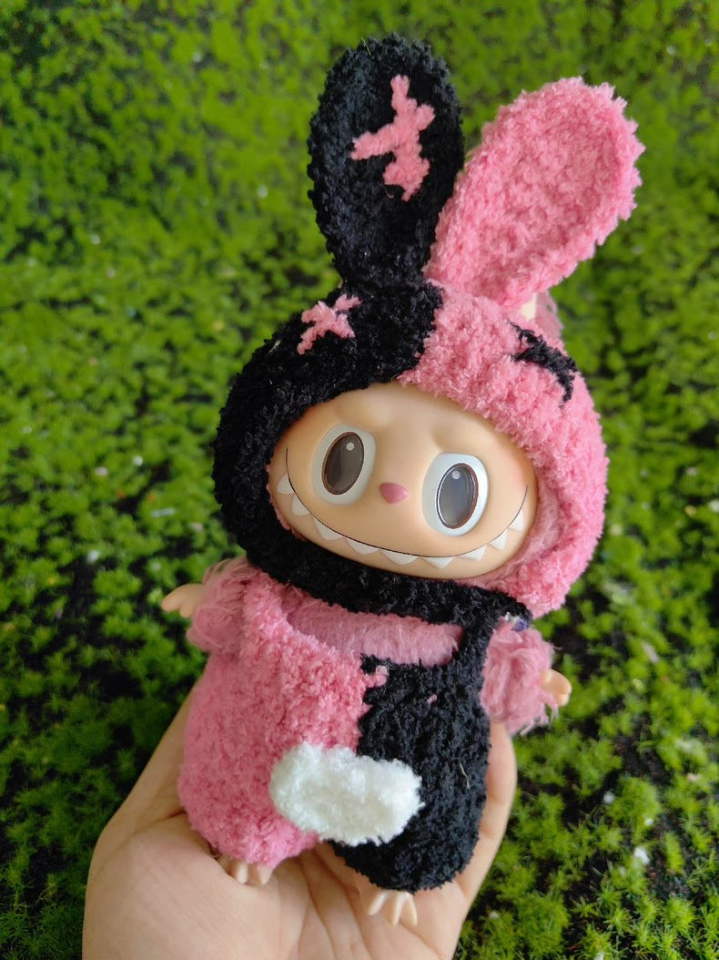 Adorable Pink & Black Labubu Doll Outfit – Plush Hat & Pants Set for Playful Fun! - Image 1