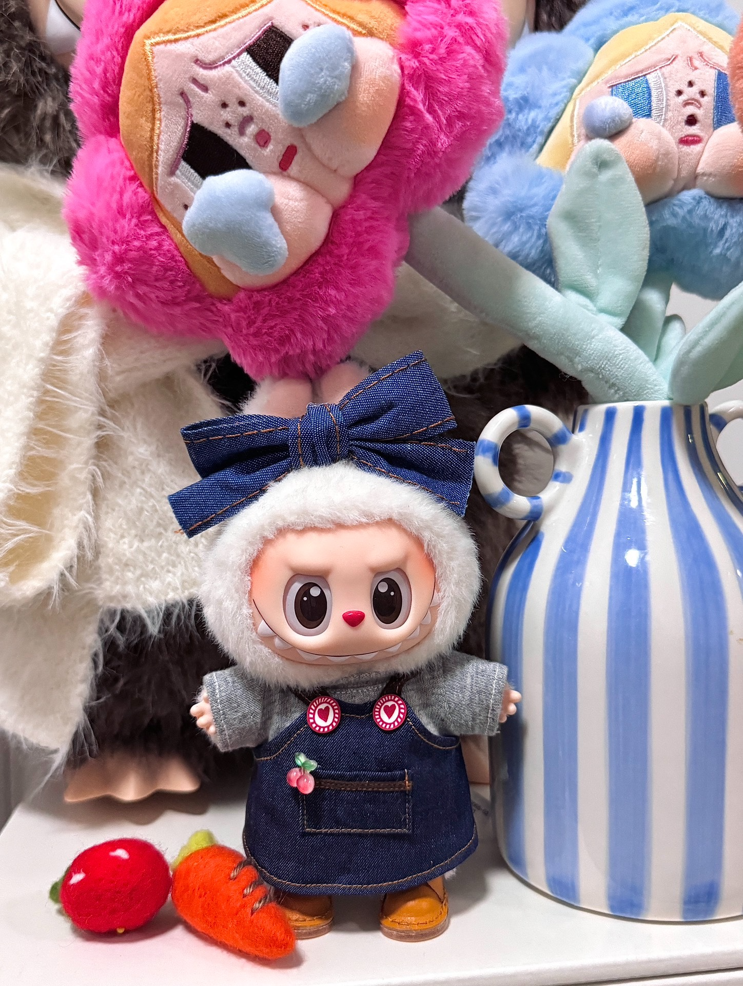 Handcrafted Labubu Denim Overalls Outfit with Gray T-Shirt & Blue Bow – Collectible Doll Ensemble - Image 1