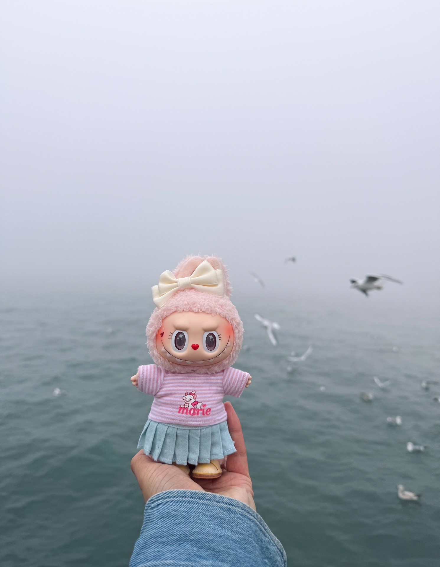 Adorable Labubu Doll Outfit: Pink Striped Tee & Denim Skirt with Bow – Perfect for Play & Collecting! - Image 2