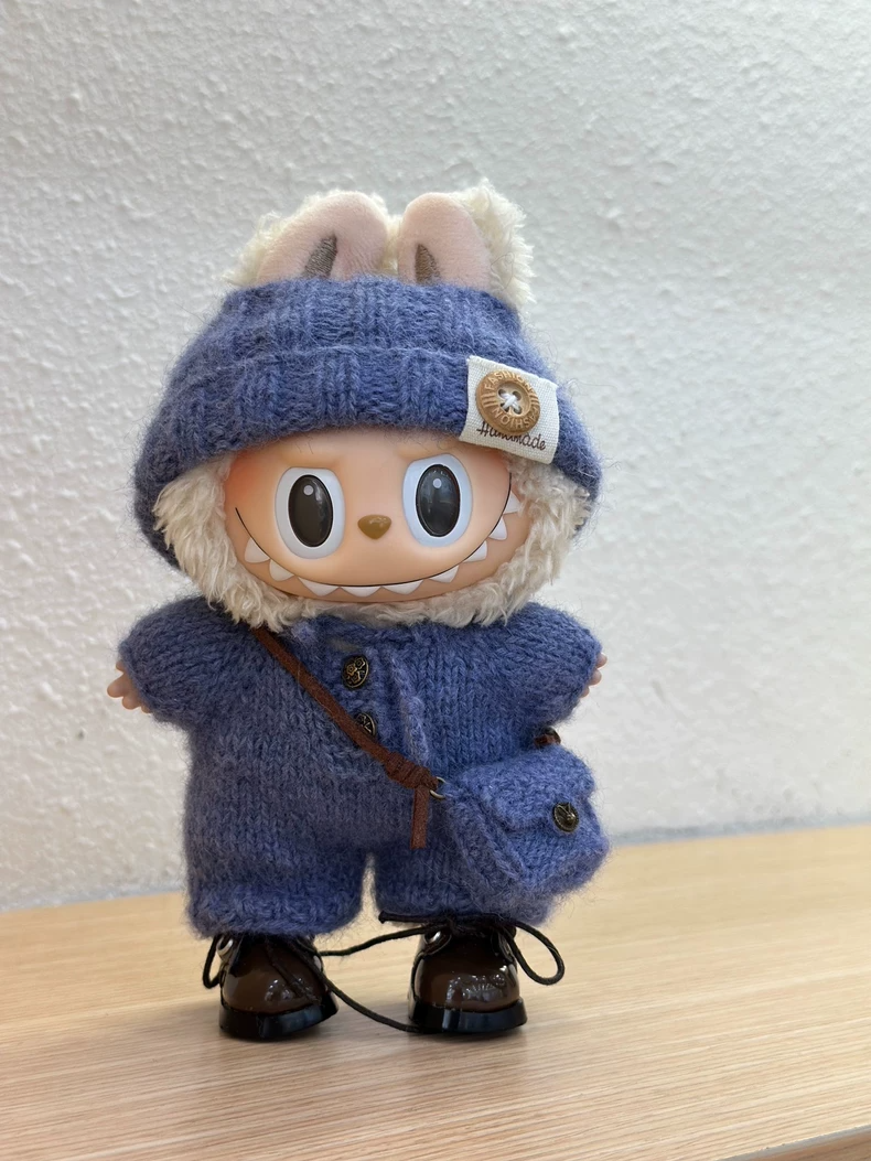 Handmade Labubu17cm Doll Outfit: Premium Wool & Rabbit Fur, Elegant Blue Ensemble for Collectors - Image 1
